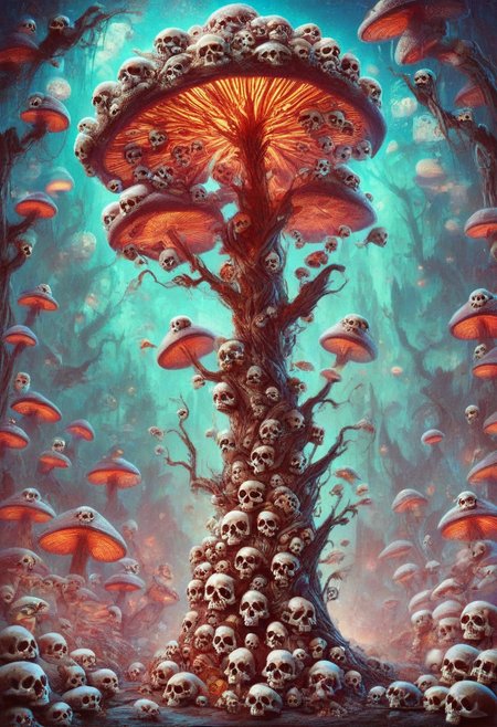 score_9, score_8_up, score_7_up, score_6_up, score_5_up, score_4_up,  A playful, nuclear mushroom made with skulls