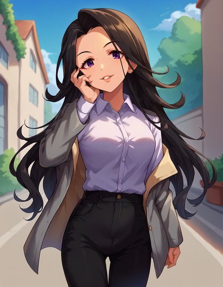 score_9,score_8_up,score_7_up,1girl,solo,cowboy shot,looking at viewer,smile,parted lips,outdoors,hand on own face,
<lora:takahashireiko_ponyXLV6:0.8>,cgtre,black hair,long hair,purple eyes,
grey jacket,white collared shirt,black pants