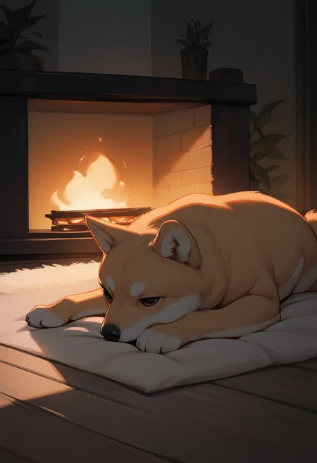 masterpiece, best quality, stylized, no humans, dog, animal focus, shiba inu, on stomach, wooden floor, fireplace, indoors, backlighting