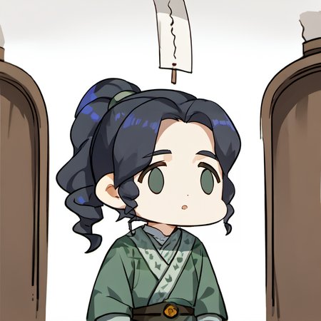 score_9, score_8_up, score_7_up, masterpiece, best quality, 1boy, solo, <lora:mihoyo_XL_AdamW:0.8> mihoyo, chibi,  <lora:MaiLanPony:1>  meilan, green hanfu, ponytail, black hair,  <lora:sdxl-fxface-pony:0.8> fx-face, face_of_the_people_who_sank_all_their_money_into_the_fx_(meme)