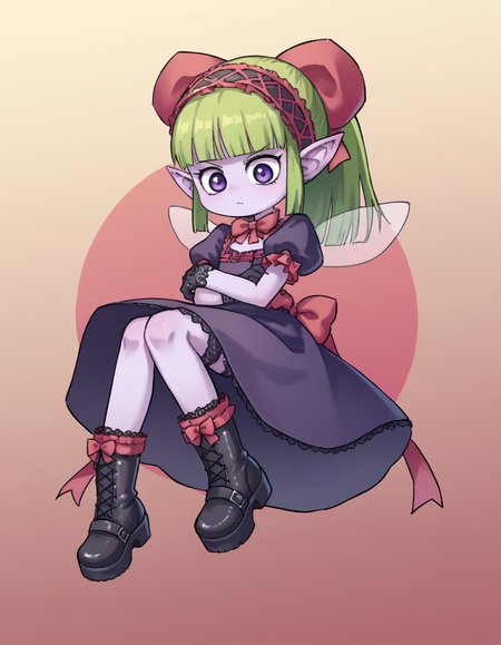 zPDXL, score_9, score_8_up, score_7_up, source_anime, 1girl, solo,
<lora:Orenji_v2:0.8> orenji, <lora:Fuura:0.8> fuura, purple skin, colored skin, green hair, blunt bangs, ponytail, hair bow, purple eyes, little girl, child, pointy ears, fairy wings,, relaxed, carrying under arm, gothiclolita wearing Enigmatic gothiclolita attire with a black and purple velvet dress, lace stockings, platform ankle boots, lace gloves with ribbon ties,ribbon headband with bow accents
