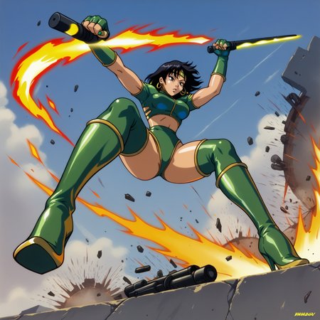 score_9,score_8_up,score_7_up,score_6_up,score_5_up,score_4_up BREAK <lora:black_orchid-v0_pdxl:0.8>,black orchid,1girl,short hair,black hair,green nails,thighhighs,gloves,high heels,thigh boots,green footwear,fingerless gloves,crop top,headband,green leotard,earrings,jewlery,1990s (style),Asian,tonfa,weapon,cover page,action pose,fire,explosions,from below,