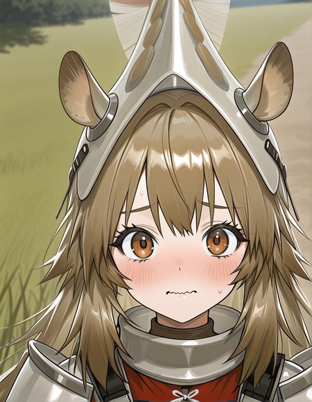 masterpiece, best quality, beautiful accurate depth-of-field, 1girl, cropped, w1ldman3AK, WMAK helmet, WMAK Armor, face-focus, wavy mouth, blushing, horse ears, outdoors background, straight-on, looking at the viewer