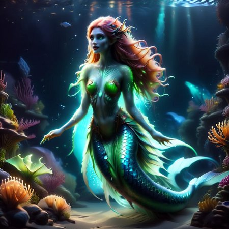 Draw a feminine  bioluminescent siren With copper hair, Brightly coloured long finger nails, fangs, bohemian horror, whale shark spots, translucent dress, muscular arms, fins,mermaid,glow,benthic merfolk