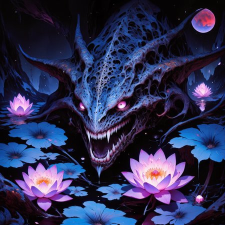 eldritch and otherworldly scenery on a distant planet, very aesthetic, extremely detailed, masterwork, golden ratio, famous artwork inspired by frank frazetta and dan frazier, fractal art, tranquil, iridescent lotus, dreamlike scenery, the "courageous goxjumbler", a disturbingly beautiful, fungoid, swamp-dwelling species with a zizzlegonky hide covered in wondrous iridescent patterns, they hunt their prey in patches of spongiflonking hypnolotus and other eldritch frondalized flora in the wondrous phantasmagorial swamps suspended in the ethereal mists of planet "jarnyt secundus", perfect proportions, detailed unnaturally glowing eyes, maw with sharp teeth, the color palette is ebony black and deep blue and wine red and plum purple and taupe, color gradients, dark corners, ovg, in the style of ckpf, amanoer, <lora:style-frank_frazetta-flux-by_artikuz_ai:0.36> <lora:style-yoshitaka_amano-elden_ring-flux-by_alicient:0.72> <lora:style-painterly_fantasy-flux-by_chronoknight:0.72> <lora:style-retro_anime-flux-by_lizardman245:0.2> <lora:image_enhancer-flux-by_dever:0.8>