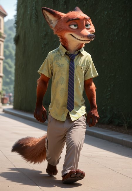 core_9, score_8_up, score_7_up, score_6_up, screencap, 4k, blurred background, highly detailed, green background, outdoors, full body, NickWilde, fox, solo, Green Eyes, Green Hawaiian Shirt, Tie, Tan Khaki Pants, walking, male, anthro, looking away