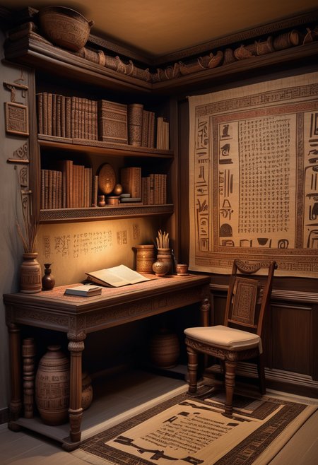 photo of Study, Quiet room with low seating cushions, scroll-filled shelves lining the walls, a small writing desk with ink pots and papyrus scrolls, intricate woven rugs, decorative hieroglyphic carvings, during autumn, under the moonlight ,Masterpiece,best quality, raw photo, realistic, very aesthetic