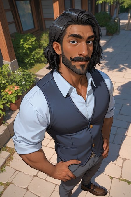 expressive manly face, shadow, dynamic angle, intricately detailed, depth of field, masterpiece, best quality, amazing quality, very aesthetic, absurdres, newest, very awa, 1boy, make focus, solo,coralraj,black hair,medium hair,dark skin,black eyes,facial hair,beard,mustache,thick eyebrows, blue collared shirt, grey vest, pants, brown loafers, looking at viewer, outdoors