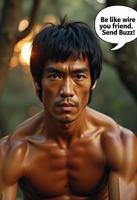 ((Bruce Lee) has a speechbubble seen above his head, the text "Be like wire my friend. Send Buzz!" is seen printed legibly in the speechbubble , only the text "Be like wire my friend. Send Buzz!" is seen printed in the speechbubble above (Bruce Lee)), inspirational , Film Stock Footage, with an ultra fast lens at 85mm f/1.4 , perfect photograph, magnificent, ethereal, epic, action photo, extremely detailed,
