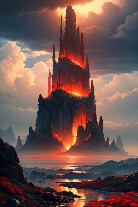 (Realistic:1.5), EDOBSYFYCITYLANDSCAPE, EDOBHORRORLANDSCAPE, EDOBFAIRYTALELANDSCAPE, horizon, 1boy, cloudy sky, fog, molten rock, red flower, horror (theme), sunbeam, long hair, edobsyfycitylandscape, <lora:EdobSyFyHorrorFairyTale_v1.0:0.8>