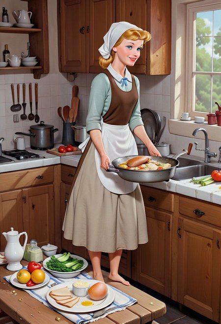 Ultra Realistic, full body shot,  Cinderella,  3d,  housework everyday dress, white scarf in hair, preparing meal, in the 18's, , barefoot, multiple 
Singing