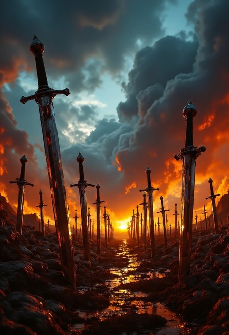 Image is a dramatic digital artwork depicting a fiery landscape with numerous swords embedded in the ground. The scene is set under a turbulent sky filled with dark, swirling clouds, contrasting with the intense orange and red flames that engulf the terrain. The swords, metallic and reflective, vary in size and are positioned at different angles, creating a sense of depth and chaos. The lighting is dynamic, with the flames casting a warm glow on the swords and the surrounding area, enhancing the apocalyptic atmosphere. The overall composition is diagonal, leading the viewer's eye from the foreground to the background, where the swords gradually diminish in size, suggesting a vast battlefield. The image conveys a sense of destruction and conflict, with the fiery elements dominating the scene. aidmafluxproultra