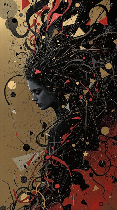 Hyper-realistic full-body artwork titled 'Synthesis,' inspired by I.A. Vepkhvadze (1976) and Yumihiko Amano. A hidden young woman in a dynamic pose, her form almost a silhouette, blending strong abstraction with hyper-detailed elements. Her long hair flows organically, merging with the tricolor organic background in shades of deep crimson, black, and gold.
The background is a chaotic yet harmonious mix of geometric patterns and organic shapes, evoking concepts like Möbius Cascade, Supernova Ripple, Luminous Fracture and Harmonic Collision. The woman's pose conveys pain and tension, her body twisted as if caught in an invisible force. Her figure is partially obscured, with sharp, angular lines cutting through her form, creating a sense of fragmentation and abstraction.
Lighting is dramatic, with stark contrasts between light and shadow, emphasizing the textures of her skin and hair. The overall composition is surreal yet hyper-realistic, blending emotional depth with mathematical and scientific symbolism. The atmosphere is intense, with a haunting beauty that draws the viewer into the woman's struggle and the abstract world around her.