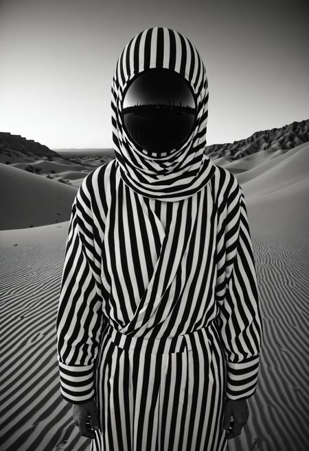 ghostly figure in  robes  made of Stripes,black sphere face, perfect bold lines, inifnity lines,  desertpunk,gopro shot <lora:bw-grig:1> <lora:zavy-cntrst-sdxl:0.3>, CHIAROSCURO,