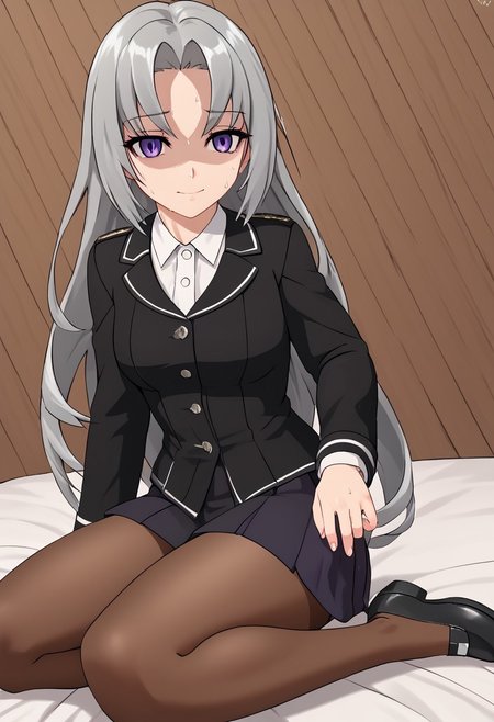 score_4,score_5,score_6,score_7_up,score_8_up,score_9
((masterpiece,best quality,ultra detailed,highres,HD,4k:1.2)),
1girl,solo,grey hair,long hair,Forehead,parted bangs,purple eyes,Droopy eyes,shaded face, Black jacket,long sleeves,white shirt,black skirt,pantyhose,brown pantyhose,black shoes, A wry smile, a troubled smile,sweat,