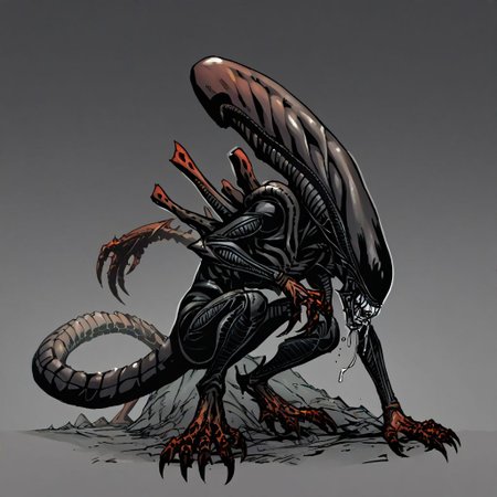 score_9, score_8_up, score_7_up, score_6_up, score_5_up, score_4_up, source_cartoon, BREAK, a xenomorph, teeth, claws, drool, masterpiece, best quality, full body, sketch, darkest dungeon, solid gray background, <lora:DarkestDungeon_hard:1> DarkestDungeon,
