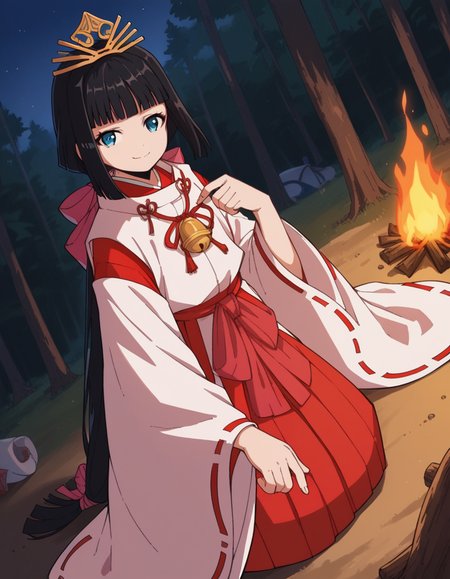 score_9, score_8_up, score_7_up, source_anime, <lora:nigewaka-shizuku-s1-ponyxl-lora-nochekaiser:1>, shizuku, long hair, bangs, blue eyes, black hair, blunt bangs,, japanese clothes, bell, miko, skirt, long sleeves, ribbon, wide sleeves, red ribbon, ribbon trim, hakama, hakama skirt, jingle bell, ribbon-trimmed sleeves, miko, red hakama,, camping, bonfire, tent, stargazing, marshmallows, forest clearing, night, smile, looking at viewer, from above,, solo,, cowboy shot, dutch angle
