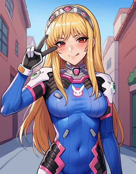 score_9, score_8_up, score_7_up, source_anime, <lora:kaibutsuoujo-liliane-s1-ponyxl-lora-nochekaiser:1>, liliane, long hair, blonde hair, red eyes, very long hair, tiara, medium breasts,, <lora:overwatch-dva-cosplay-ponyxl-lora-nochekaiser:1>, overwatch dva cosplay, d.va (overwatch) (cosplay), bodysuit, cosplay, covered navel, skin tight, vertical-striped bodysuit, streets, smile, blush, v, v over eye, tongue out, cowboy shot, looking at viewer, , dutch angle, cowboy shot
