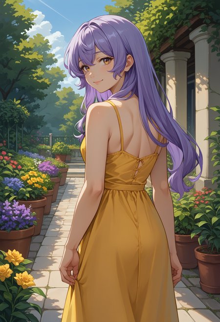 score_9, score_8_up, source_anime, 1girl, solo, BlkSwnHSR, purple eyes, yellow eyes, gradient eyes, purple hair, long hair, from behind, yellow sundress, garden, day, sunshine, smile, looking back, <lora:ChamBlackSwanPonyXL:1>