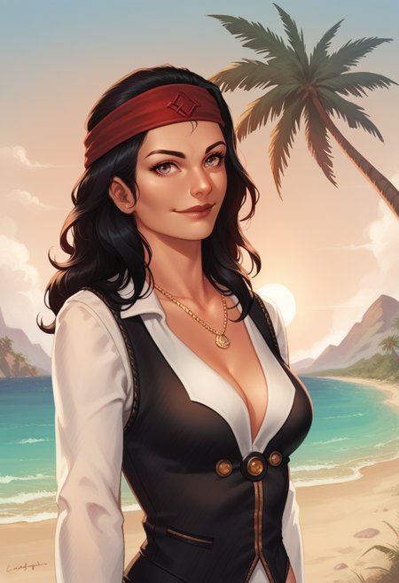 score_9, score_8_up, score_7_up, 1girl, solo, portrait, smiling, outdoors, beach, palm tree, sun, see, scenery,
<lora:Krys_Decker_-_Artist_style:0.8> ss-krd_o,  <lora:Patty_Steelbeard_Character__Outfit_-_Risen_2_Dark_waters:0.7> SulfS-PatR2, long hair, black hair, red headband, black vest, white shirt, necklace,