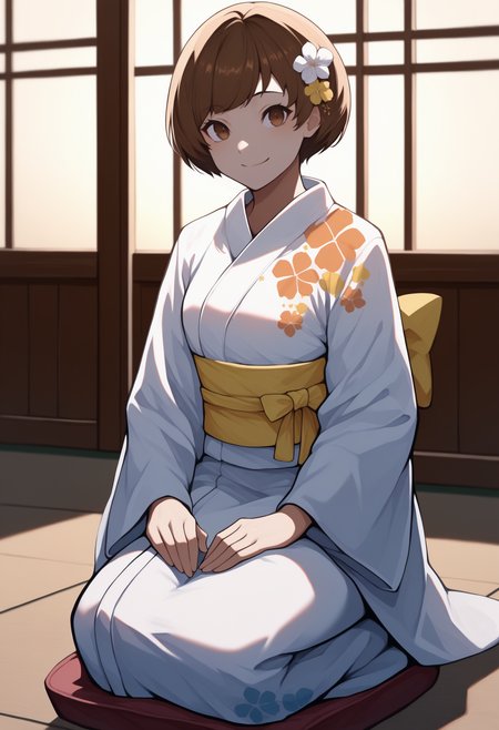 anime, masterpiece, best quality, newest, full body, solo, 1girl, ch1eyukata, smile, looking at viewer, seiza, hands on own thighs, short hair, brown hair, hair flower, brown eyes, japanese clothes, yukata, white kimono, floral print kimono, yellow sash, obi, long sleeves, wide sleeves, indoors, east asian architecture
<segment:yolo-Anzhc Face seg 640 v2 y8n.pt,0.4,0.5//cid=1>