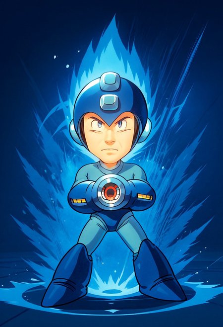 (Megaman, Rockman, gloves, boots, helmet, blue armor, arm cannon:1.1):1.1)(1boy, solo, facing viewer, , score_9, score_8_up, score_7_up, chibi, Ki Charge, aura, shooting stance, white aura, blue aura, arm raising, full body,  zPDXL3 ,SimplePositiveXLv2, masterpiece, best quality, high res, illustration, extremely detailed, 8k, wallpaper, hud_c4ric4ture_Styl, chibi
