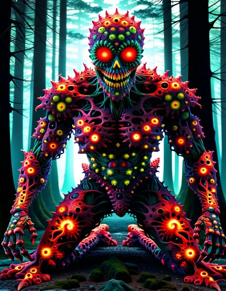 japanese cartoon style, dark forest, full body, dark desaturated green, deep blood red, rusty brown, (horrific shadow creature:1.25) with blacklight makeup, glowing eyes, yellow smile, (neon leds implanted in skin:1.25), perfect anatomy, horror, creepy, dark, eerie, menacing, supernatural, monster, nightmare, masterpiece, best quality, highly detailed, sharp focus, dynamic lighting, vivid colors, texture detail, particle effects, storytelling elements, narrative flair, 16k, UE5, HDR, subject-background isolation <lora:ral-mndlbrt:1> ral-mndlbrt