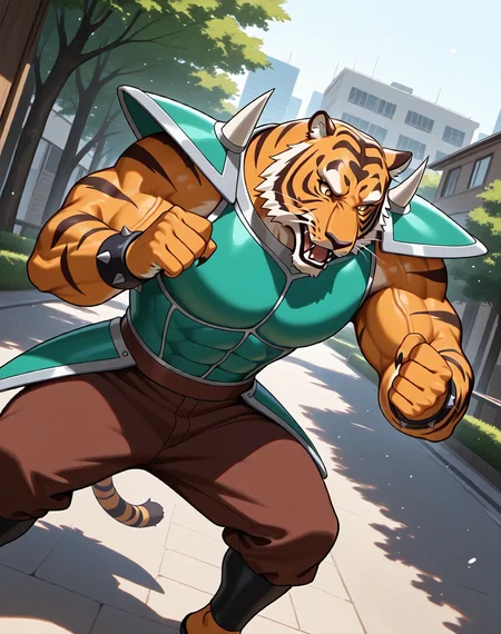 <lora:Armour_Tiger_(Astro_Fighter_Sunred)_(Illustrious)_(AD):1> Armour Tiger, muscular, Sunred, 
dutch angle, exterior, city park, city, trees, houses, apartments, Japanese style modern architecture, 
villain, strong, powerful, large shoulders, large biceps, thick neck, veiny muscles, green chest armor, fighting pose, dynamic action, bent arm, punch, 
BREAKvery awe, aesthetically pleasing, masterpiece, best quality, amazing quality, very aesthetic, perfect depth of field shot, gradient style coloring, 
EZRealPONYXL, zPDXL, Smooth Quality, lazympos, IllustQualXL_Pos,