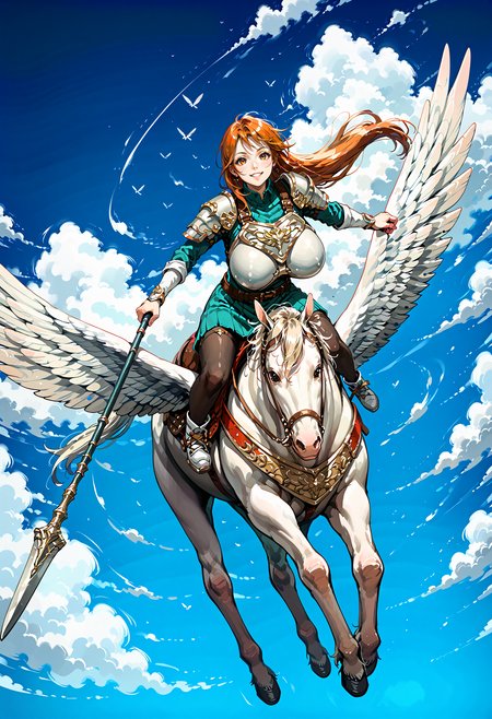 score_9,score_8_up,score_7_up,extreme detailed,full_body,zPDXL3 BREAK sky,flying,1girl,huge breasts,<lora:Pony_DetailV2.0:1>,
pegasus knight,horse,horseback riding,pegasus,long hair,shoulder armor,breastplate,pegasus knight uniform \(fire emblem\),<lora:pegasus knight-v3-pony:0.7>, polearm,holding weapon,smile,