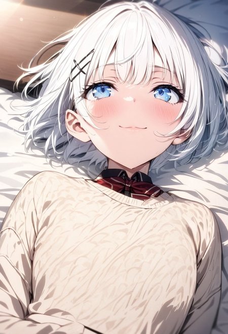 ((eye catching,eyelashes:1)) White hair, short hair, blue eyes, (xhairclip hairclip:1)), gorgeous lips, cinematic, (masterpiece), (best quality), (ultra-detailed), very aesthetic, illustration, perfect composition, intricate details, absurdres, detailed face, (masterpiece), (best quality, hires textures, high detail:1.1), (4k),(incredibly detailed:1.2),
school uniform, ponytail, small breasts,
smile on face, looking up, closed mouth, lying on bed,
beautiful sky,strong wind blowing, light particles, lens flare,
from above head, from distance,