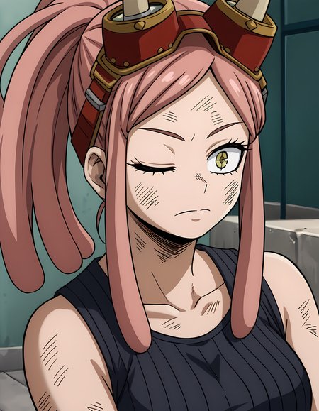 <lora:hatsume_mei:1>h4tsume-m3i , 1girl, goggles on head, one eye closed, black tank top, bare shoulders, horns, long hair, close-up, dirty face, sidelocks, closed mouth, collarbone, anime coloring, ponytail, portrait