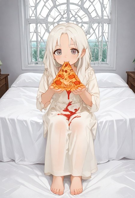 red slime girl ((eating pizza)) pizzasdx, looking at viewer (pizza melting:1.5) medieval bedroom background, masterpiece, full body sitting on bed, white bed, bed, white sheets, window, good light, perfect hands, good hands (hands on pizza) pizza