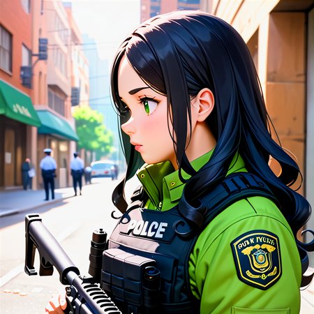 anime, best quality, (masterpiece:1.4), (high quality:1.4), sharp focus, 4k, absurd resolution, detailed hands, curly hair, long hair, (black hair:1.6), 1girl, mature female, (parted hair:1.7), (round face), (no_bangs:1.3), (no_fringe:1.6), <lora:ETO_OC_XL:0.7>, (thick eyebrows:0.9), (plump:0.8), round-chin, (greenish brown eyes), (brownish green eyes), caucasian, down-turned eyes, 1girl, (forehead:0.65), <lora:swat gear_xl:0.7> swat gear, weapon, (playing with her hair), gun, uniform, police, rifle, street, officers, soldier, military, officer,