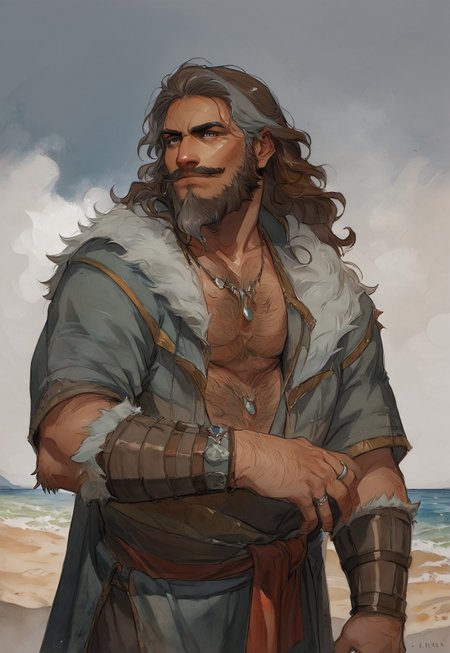 safe_pos, safe_pos, score_9, score_8_up, 1boy, solo, IfanBM, mature male, tan skin, facial hair, grey beard streaks, muscular, aging, DILF, ((beard)), facial hair, moustache:.5, ((brown hair, grey streaks)), ((grey streaks)), (long hair, wavy hair), ((fantasy style clothing, fur-trim)), druid, magic, (beach paradise), watercolor \(medium\), traditional media, hairy chest, very hairy, dutch angle, Expressiveh, smirk, sexy posing, ((fantasy clothing)), jewelry, rings, manly, necklace, bracelet, dynamic pose,