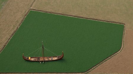 top-down view of a Viking ship sailing in a farm landscape, spring, imaginary, intricate, crisp lines <lora:Viking_Ship:1>
