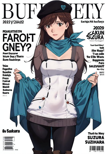 <lora:add-detail-xl:1>,masterpiece,best quality,absurdres,highres,detailed eyes,beautiful,detailed background,perfect eyes,realistic,<lora:magazine-cover-illustriousxl-lora-nochekaiser:1>,magazine cover,fake magazine cover,english text,cover,fake cover,price,cover page,text focus,barcode,dated,cowboy shot,sexy pose,
<lora:Sakura_Suzuhara:1>,Sakura_Suzuhara,1girl,solo,hat,brown hair,long hair,leggings,beret,scarf,brown eyes,boots,blue scarf,