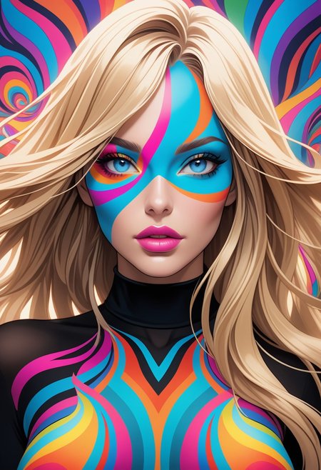 ((view from the waist up)) 1woman, solo,  long hair, blonde hair, black choker, blue eyes, one eye covered by hair, eyeliner, gorgeous lips, tights, medium breasts. ((psychedelic))