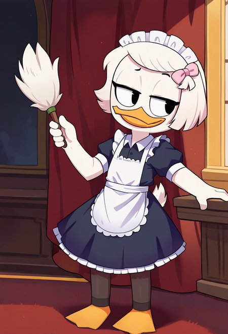 score_9, score_8_up, score_7_up, score_6_up, best quality, highres, source_furry, BREAK
by mizumizuni BREAK
1girl, solo , furry, mansion, inside, female, duck, beak, webby vanderquack, young, child, white skin, white hair, short hair, black eyes, garter straps, pantyhose, toeless legwear,  maid uniform, maid headdress, maid apron, frilly, feather duster, pink clothing  (smug) <lora:ponyxl-mizumizuni-style-v03:0.7> <lora:Webby_Vanderquack:1>