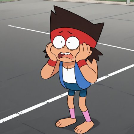 masterpiece, best quality, amazing quality, kaiok, male, human, young, solo, tan skin, brown hair, black eyes, barefoot, short, red headband, red wristbands, blue sleeveless jacket, white tank top, blue shorts, pink legwarmers, shocked, wide-eyed, hands on face, 
outdoors, parking lot