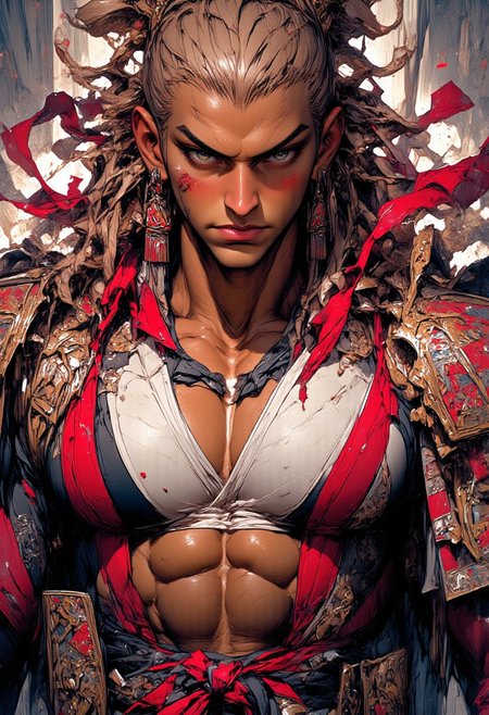 oil painting, rough, textural, broad brush strokes, portrait of the most sexy Japanese samurai woman, chest focus, best quality, masterpiece, 8k, highly detailed, beautiful,  red lips, wear red and white traditional armour, (armour:1.5), (huge breasts: 2.0), Slicked-back long hair, sidelocks, long mismatched earrings, with a katana in hand, mythp0rt,
