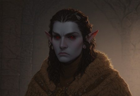 solo, short pointy ears, piercings, random elf face, aquiline features, male dark elf, masculine, beard, weathered skin, large nose, athletic build,  animated realism, zoomed out, Syrian features, torso, brass pipes and gears, intricate architecture, dwarven masonry, dwemer fixtures, white-green light, gloomy lighting, ancient ruins, interior, stone tiled floor, grey-blue skin, mahogany and ivory clothes, medium armor, bone plate armor, ivory straps and fittings, grey wood neckguard, dark red sclera, black pupils, distant mushroom forest, blue-green light, neon, highly detailed, defined features, looking at viewer, three quarters view, from front, dynamic lighting, 56 years old, light and shadows, patterned cloth, annoyed expression, expressive eyes, detailed medieval clothes, long hair, wavy hair, thick hair, beaded hair, braided hair, under cut hair, semirealistic, alien elf, spanish features, jewish features, black hair, dark red hair, umber skin, sharp features, pastel green berber print cloak, nighttime, high detail, absurdres, pretty eyes, detailed eyes, red eyes,