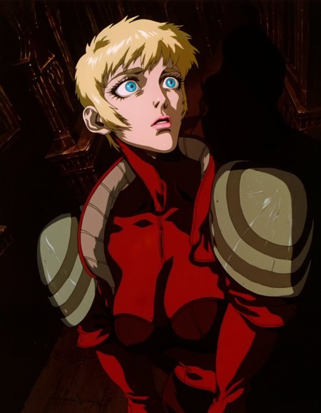 best quality, highres, absurdres, (traditional media, refined digital media \(artwork\):0.6),  masterpiece, anime screenshot, 1990s (style),
(JJFrenchie/Joel Jurion,(artist: xxoom:0.5), (artist: incase:0.6), artist: sabu \(sabudenego\),universal portrait, angle, dynamic, perspective, solo,
1girl, leila marcus \(vampire hunter d\)  ,  shoulder armor, 
blue eyes, wide open eyes , eyelashes,medium breasts, pink lips,medium blonde hair) head turned to the side, red armor, shadow, lighting,
dark theme, indoors, church interior,
 <lora:Vampire Hunter D Illustrious-step00000700:0.9>