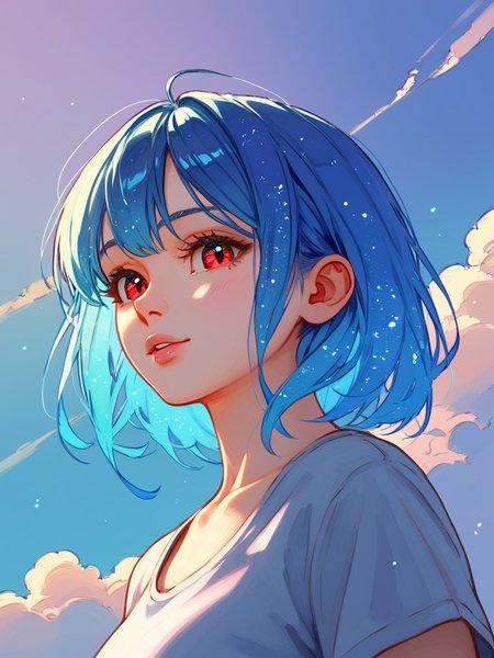 PDXL,  <lora:WaccaV1:1>, w4cc4, volumetric reflections, volumetric shadows, HDR, shot on Canon DSLR,
1girl, cute face, detailed eyes, long blue hair, red eyes, upper body BREAK galaxy in the background, clouds