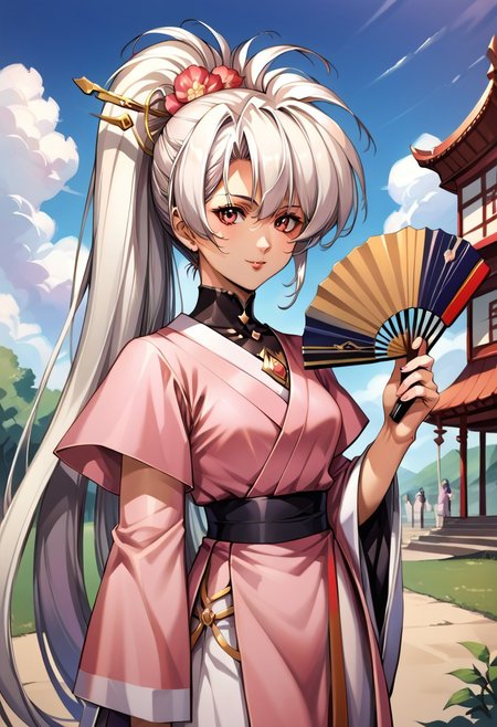 (score_9,score_8_up,score_7_up,source_anime,(masterpiece:1.2),best quality,very aesthetic,public indecency,absurdres),masterpiece,best quality,very aesthetic,fantasy,absurdres,1girl,solo, ,Luna,white hair, ponytail, , very long hair lora:Fixhands_anime_bdsqlsz_V1:1> junihitoe kimono, 1girl, solo, hand fan, egasumi, looking at viewer, folding fan, holding, holding fan, pink kimono, floral print, sleeves past wrists,  hime cut, masterpiece,best quality, very aesthetic, absurdres, ultra detailed, high resolution, 4k, extremely detailed CG,