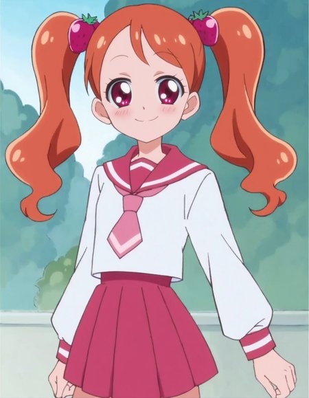 score_9, score_8_up, score_7_up, anime screencap, solo,1girl,usamiichika,  school uniform, pink necktie, smile, pleated skirt,  pink skirt, slooking at viewer, serafuku, long sleeves, shirt, strawberry hair ornament, looking at viewer,cowboy shot,small breasts,blush<lora:usamiichika:0.8>