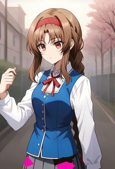 best quality, 4k, rating_safe, very aesthetic, source_anime,1girl, <lora:Takao:0.9>,takao,brown hair,brown eyes,long hair,single braid,red hairband,neck ribbon,white shirt,long sleeves,blue vest,gray skirt,school uniform,