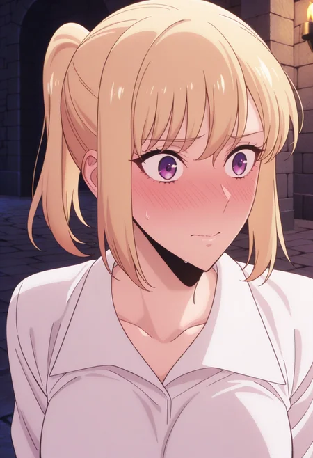 newest, masterpiece, best quality, 4k,
outdoors, dungeon,very aesthetic, detailed background, face focus,
1girl, solo, <lora:ChaHaeInV1:1> cha_hae-1n, blonde hair, short hair, purple eyes, breasts, white shirt, collared shirt, ponytail, sidelocks, embarrassed, full face blush,