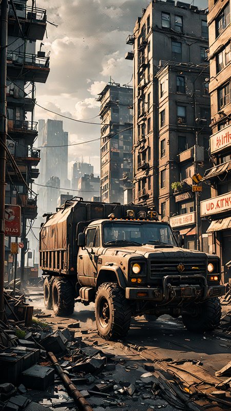 extremely detailed, there is a truck that is driving through a city with buildings, digital concept art of dystopian, post - apocalyptic city, dystopian scifi apocalypse, photorealistic dark concept art, post apocalyptic city, post apocalyptic scene, apocalyptic city, highly realistic concept art, post apocalyptic atmosphere, post apocalyptic tokyo, post apocalyptic wasteland, post - apocalyptic wasteland, post - apocalyptic city streets, unreal engine 5, perfect composition, vibrant, rtx, hbao, sharp, UHD