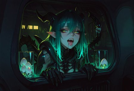 masterpiece, best quality, hyper-realistic, ultra-HD, luminous lighting, cinematic ambiance, shimmering gradients, ethereal glow, deep contrast, rich color tones, seductive atmosphere, captivating sensuality, Cinematic Lighting, 
BREAK 
raytracing, volumetric lighting, ambient occlusion, Background, xenomorph
BREAK
ryu, teal scales, eastern dragon horns, pointy ears, green eyes, long eyelashes, makeup, solo,
glass, see-through, skulls, portraits,
BREAK
A chilling scene unfolds in a dimly-lit industrial corridor, where the iconic xenomorph from the Alien franchise has cunningly concealed itself within an air duct. Its elongated, biomechanical form is contorted yet eerily poised, occupying the seemingly innocuous air vent. The slick, black exoskeleton, adorned with menacing ridges and a tail curled beneath it, blends seamlessly with the duct's shadowy interior. Only its distinctive dome-like head, partially open mouth revealing a set of inner jaws, pierces the veil of darkness. Glistening drool and the movement of its secondary jaws suggest a high state of alertness, ready to strike.
The xenomorph’s piercing yellow eyes reflect the flickering emergency lights of the corridor, hinting at its imminent intent. The vent's mesh serves as a sinister cage, unable to contain the creature's malevolent presence that emanates from every rivet and crevice. Tension swells as viewers anticipate the creature's imminent pounce, ready to unfurl from its hiding place. Surrounded by Alien eggs.