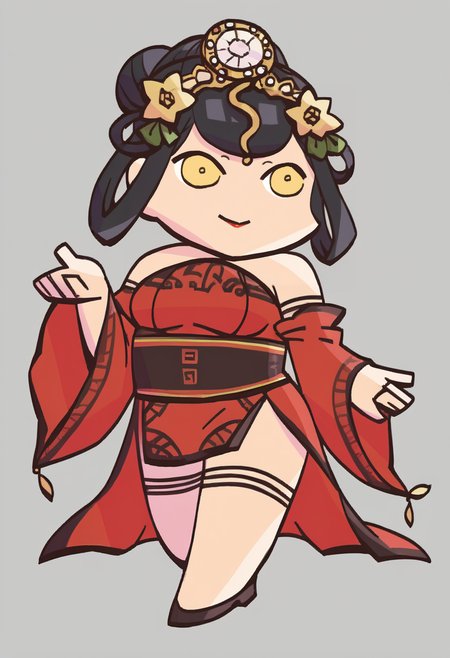 score_9, score_8_up, score_7_up, source_anime BREAK 1girl, solo,
 <lora:FEH-MTH-pdxl_Fp:1> chibi, simple background, full body
 <lora:zs_NuwaXL:1> nuwasmt, black hair, hair ornament, yellow eyes, red dress, bare shoulders, breasts, jewelry, chinese clothes, smile